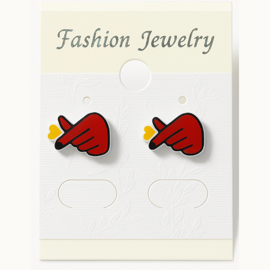Finger Heart Stud Earrings – Red Hand with Yellow Heart Design
