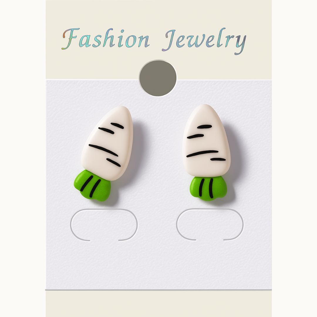 Radish Stud Earrings – White and Green Clay Design with Playful Detailing