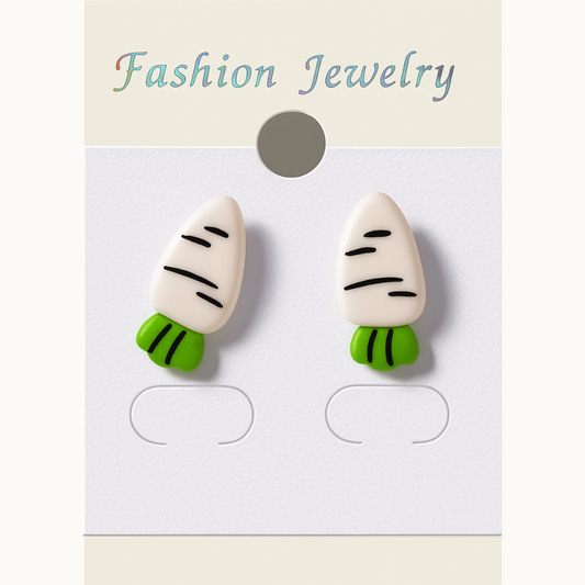 Radish Stud Earrings – White and Green Clay Design with Playful Detailing