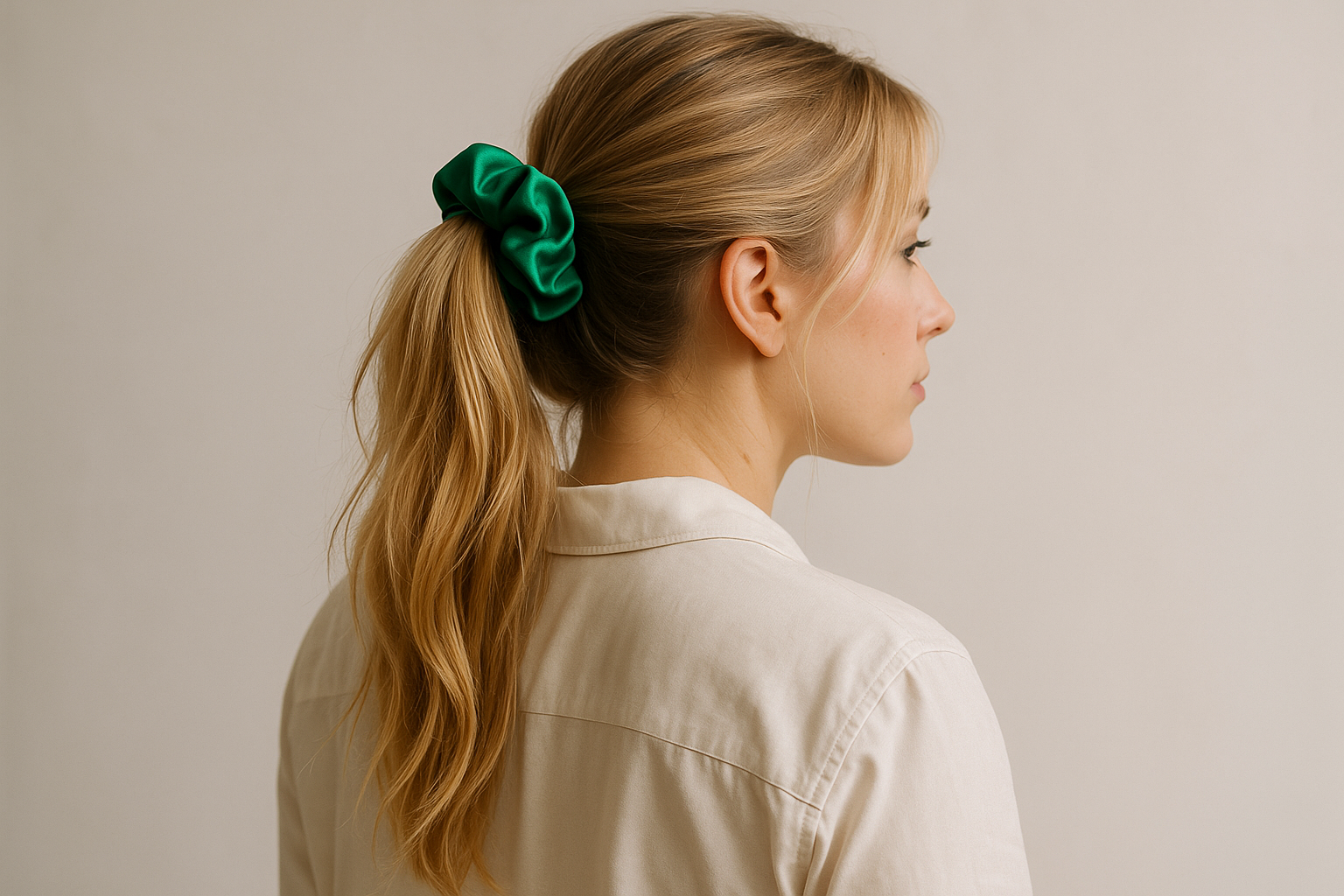Blond woman wearing elegant silk scrunchies for women in green holding her ponytail