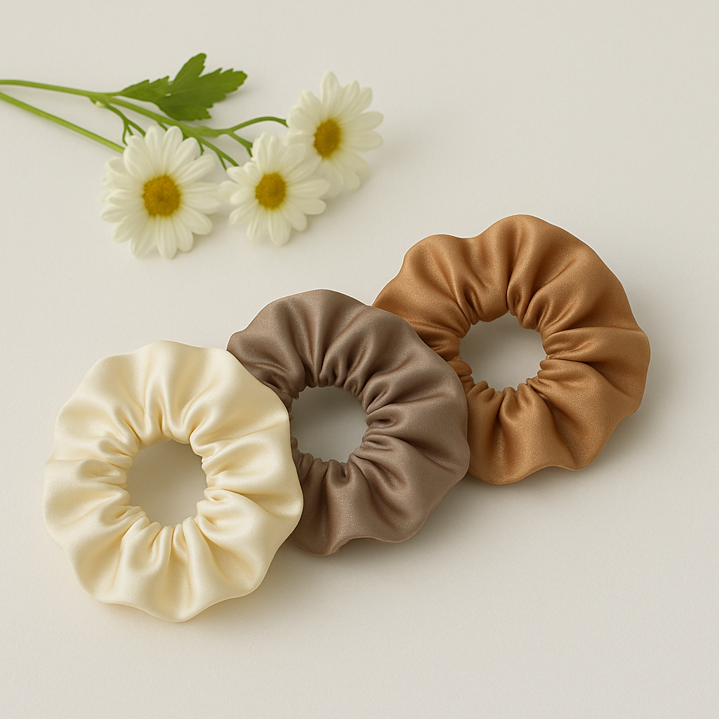 BLURZ elegant silk scrunchies for women in cream, taupe, and caramel colors displayed with white daisies