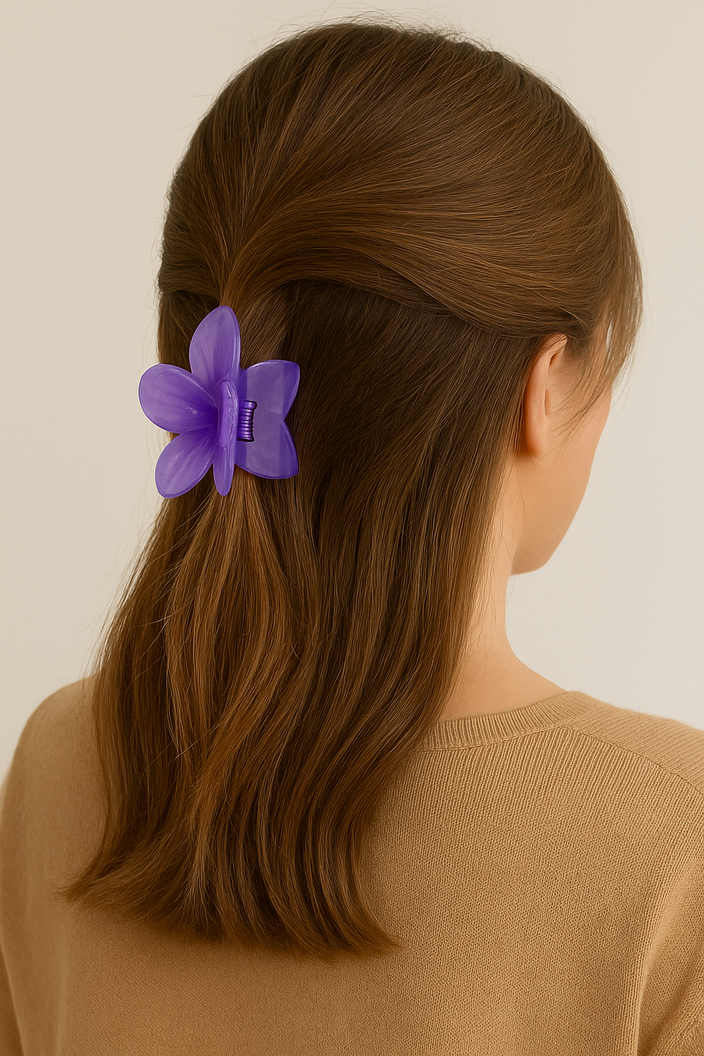 BLURZ purple flower hair claw clip holding half-up hairstyle on brunette woman