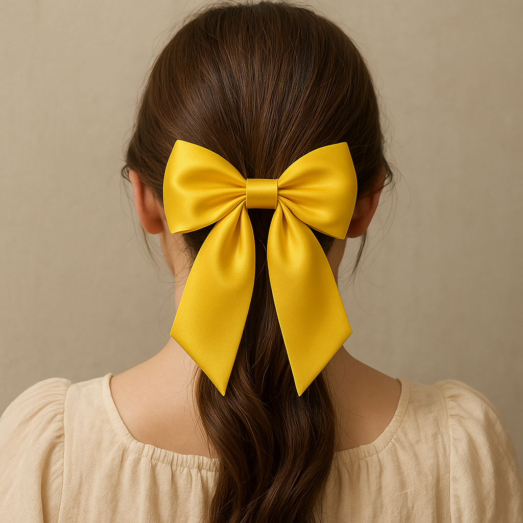 BLURZ yellow satin hair bow for women tied on long brown hair from the back