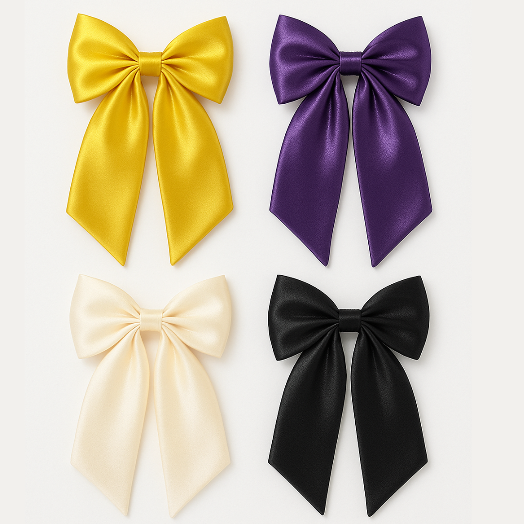 Set of four satin hair bow for women in yellow, purple, cream, and black colors by BLURZ